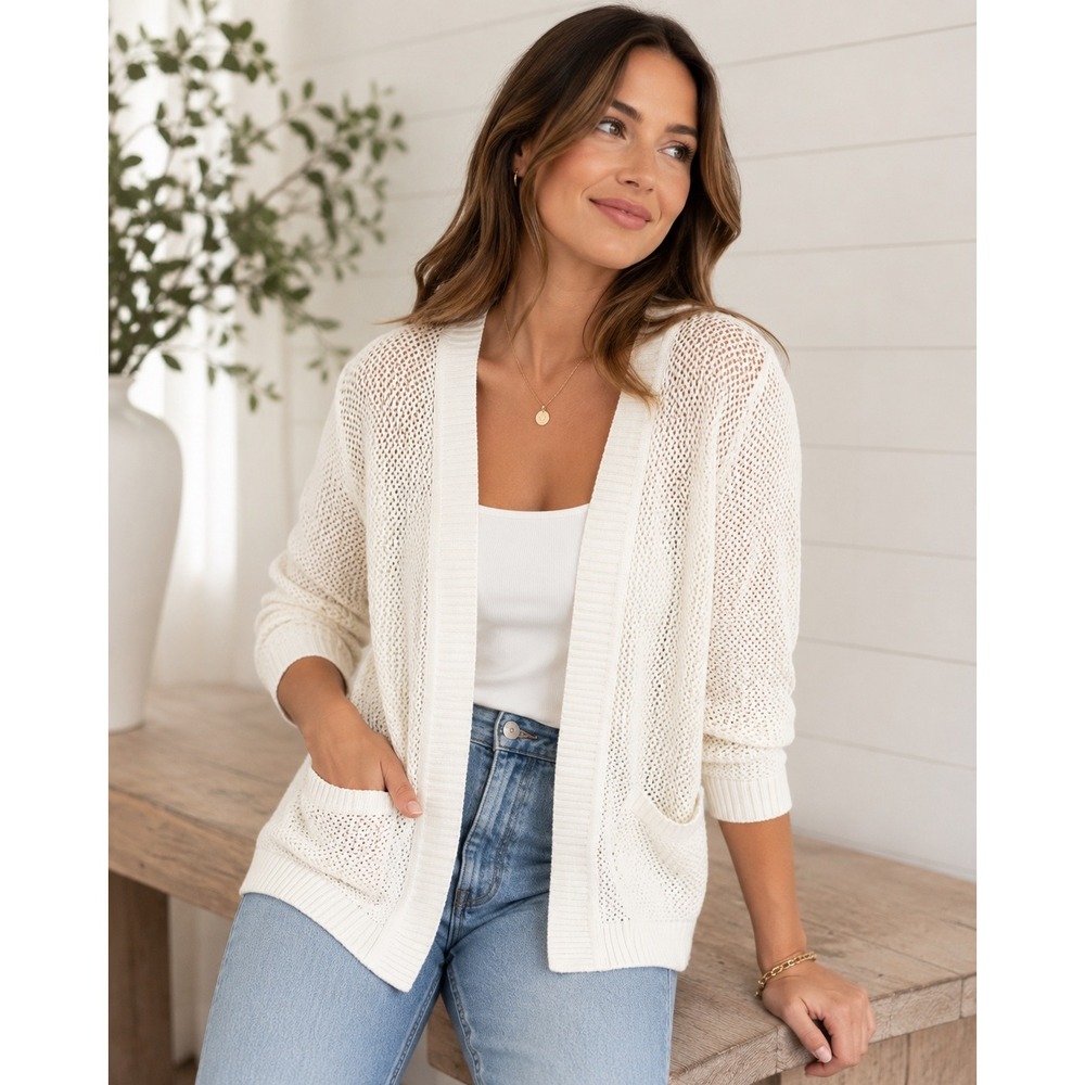 Talbots Petites Open Knit Hooded Cardigan Sweater White Lightweight Coastal LP